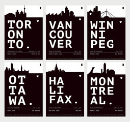 Fototapeta premium Canada typography poster pack with minimalist black and white bold city names, skyline silhouettes for Toronto, Vancouver, Winnipeg, Ottawa, Halifax, Montreal. Brochure, placard, event presentation