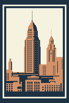Cleveland city skyline poster with iconic landmarks, skyscrapers, urban high-rises in retro duotone vector design. America Ohio state travel guides, city art prints, social media placards, postcards