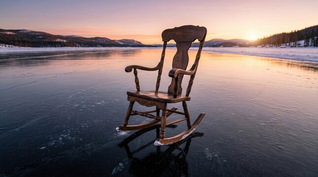 A wooden rocking chair standing alone on a frozen lake during sunset in winter over thick ice.