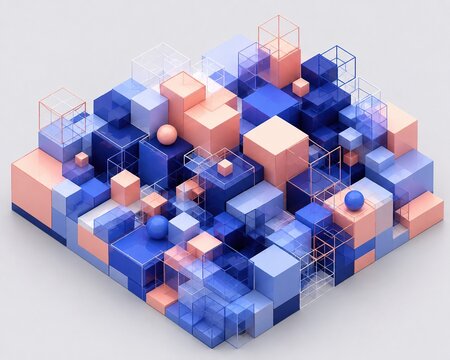 3D isometric blockchain network with glowing blue cubes. Digital data flow and secure transaction nodes in futuristic tech concept.