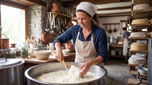 A woman making cheese in a traditional dairy kitchen stirring curd inside a large metal vat.
