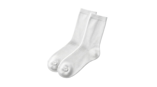 White cotton crew socks mockup, pair of clean athletic hosiery, blank textile apparel for branding and fashion design presentations isolated PNG with Transparent Background