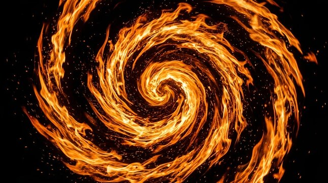 Fiery Spiral Vortex - Abstract Swirling Orange Flames on Black Background