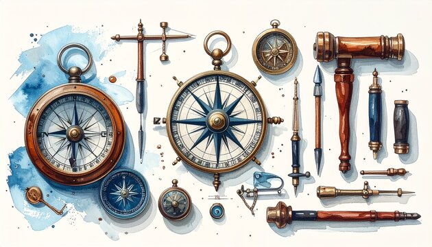 Vintage Navigation Tools and Antique Compasses on Watercolor Background.