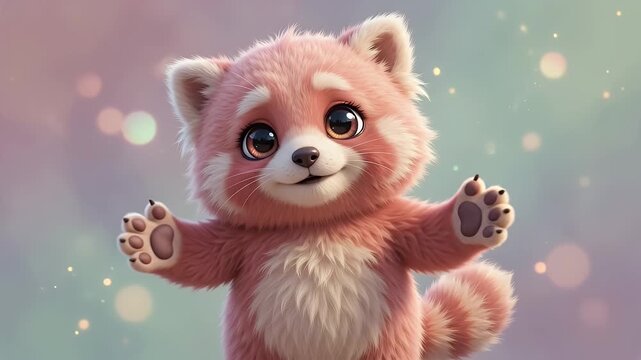 Adorable Pink Red Panda Cub with Large Eyes and Sparkly Bokeh Background, Cute Animal Character