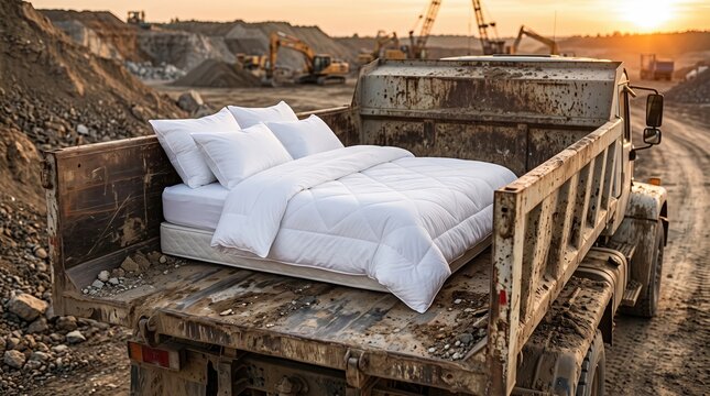 A comfortable bed rests inside a dirty truck carrying a mattress and pillow at a dusty quarry site.