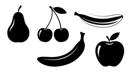 Black silhouettes of various fruits on white background with silhouettes pear cherries cherries bananas apple illustration healthy graphic with simple © Kamola