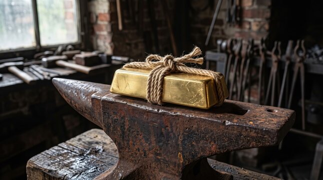 A single gold ingot tied with twine sits on a rusty anvil inside an old blacksmith workshop.