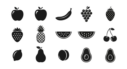 Collection of black fruit icons on white background with including apples bananas bananas berries arranged strawberry watermelon pineapple with nutrition © Kamola