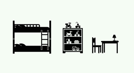 Black silhouettes of bunk bed bookshelf desk with silhouettes furniture children ladder bookshelf toys children with children with children © Kamola