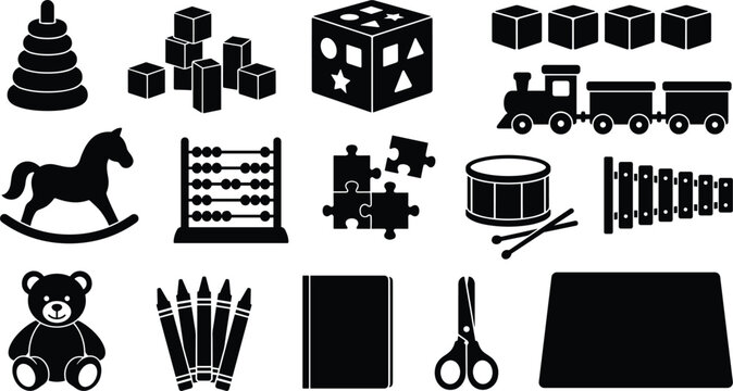 Nursery school activities and toddler development graphic elements bundle containing wooden blocks abacus teddy bear rocking horse train and learning toys