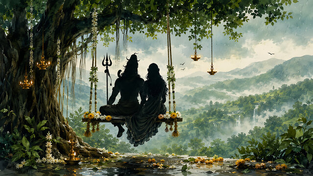 Happy hariyali teej and kajari teej shiva parvati silhouettes sharing floral swing under banyan during monsoon rain overlooking valley waterfalls and mountains