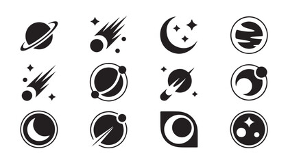 Space icon set vector with different moon, planets, galaxy, meteor, shooting star, sun, solar system. © Abu