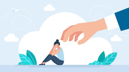 Big giant hand pressure over scared stressed woman. Workplace bullying concept, depression, mental breakdown problem, psychological abuse, fear and help request symbol. Flat illustration