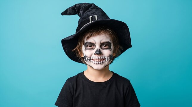 A young child wearing a witch hat and spooky skull face paint for a fun halloween celebration