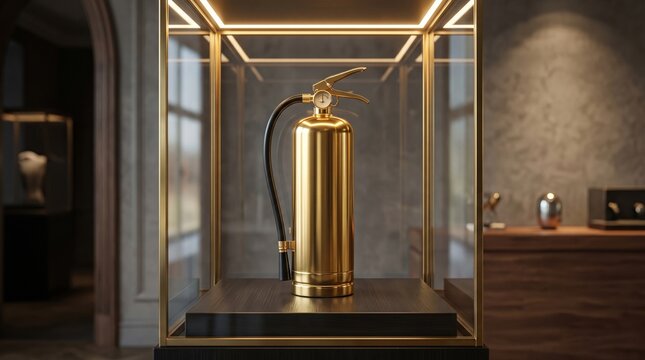A shiny gold fire extinguisher displayed inside a modern illuminated glass case in an interior room.