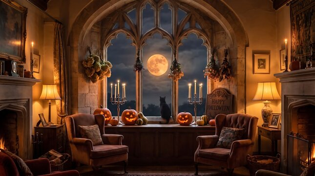 Cozy vintage study room interior with a large arched window overlooking a bright full moon at night