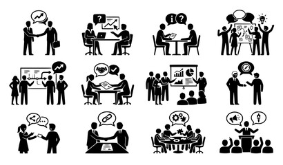 Obraz premium Business Communication and Team Discussion Silhouette Icon Collection Vector