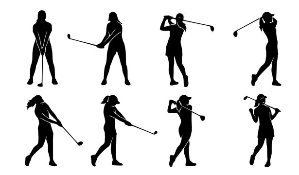 Women Golf Swing Pose Silhouette Collection Vector