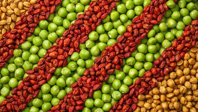 Alternating diagonal chevron stripes of raw split green peas intersecting with
