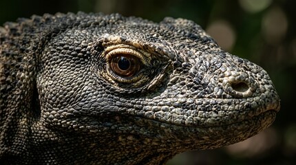Fototapeta premium Close-up of a Komodo dragon's head, reptilian scales and eye detail