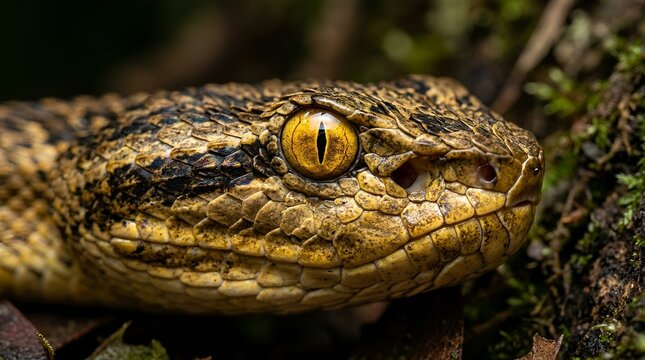 Close-up of a pit viper's head with intense yellow eye, scales detailed