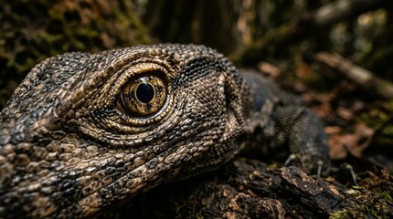 Fototapeta premium Close-up of Monitor Lizard Eye and Scaly Skin in Natural Habitat, Reptile Detail