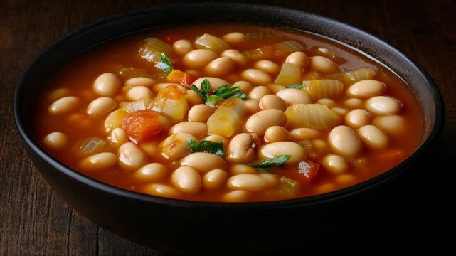 A warm bowl of bean soup topped with fresh herbs on a wooden table