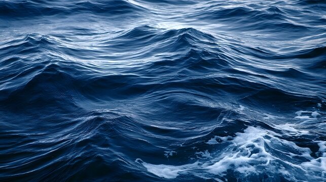 Dark blue ocean waves ripple across the surface under soft ambient light creating a serene and textured seascape