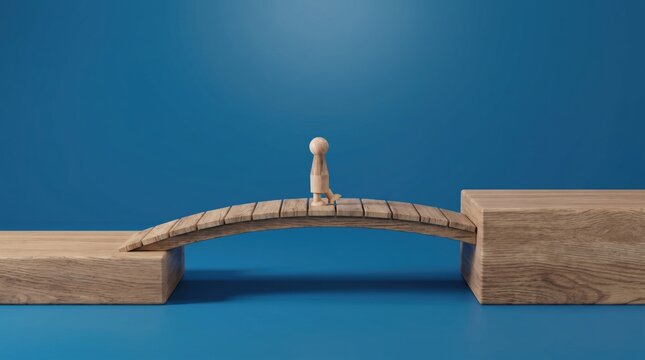Small wooden figure walking across a bridge connecting two separated blocks. Minimalist image representing connection, solution, overcoming obstacles, transition, risk