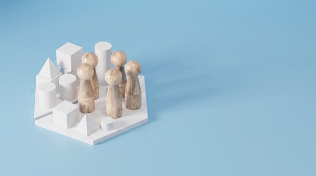 Wooden peg dolls and white geometric shapes arranged on a square platform, symbolizing community, teamwork, diversity, and social structure in a minimalist blue background setting.