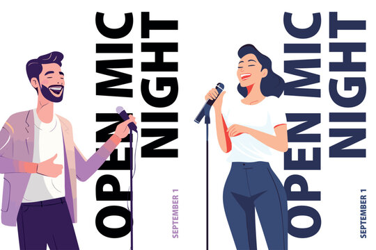 Open mic night posters pack with smiling woman, man speaking into microphone on stage. Vibrant vector designs set for music events, comedy shows, entertainment promotions, social media