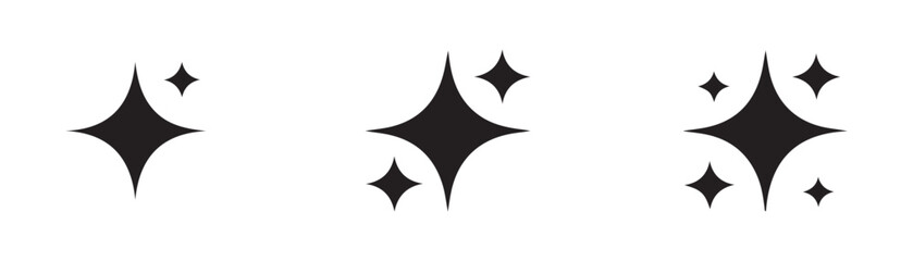 Star sparkles icons black solid shapes magic shine collection isolated on checkered background vector. © Abu