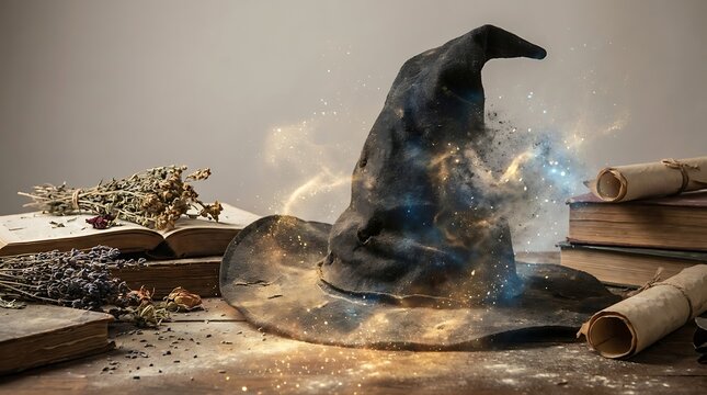 Mysterious old wizards hat with glowing magical dust surrounded by ancient books and scrolls perfect for fantasy magic and Halloween themes