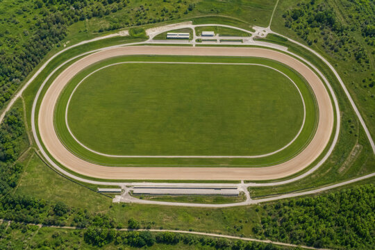 Aerial view of an oval horse racetrack