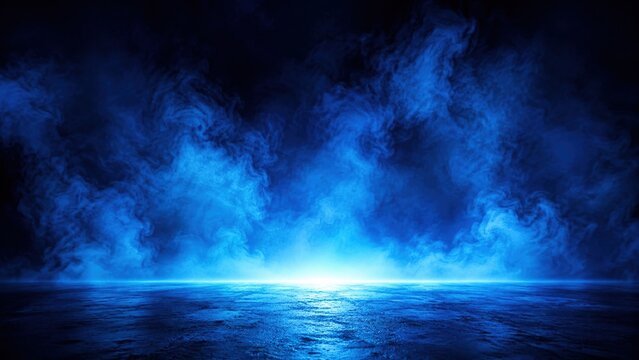 Blue smoke on dark floor. Abstract neon fog background with glowing light effect.