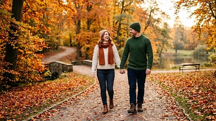 Fototapeta premium Couple walking in autumn park. Romantic partners holding hands during fall season.