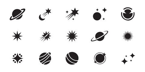Space celestial icons set black planets stars comets asteroids symbols on transparent background vector. © Abu