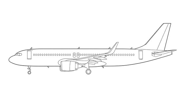 Commercial Passenger Airplane Side View Outline Vector Illustration