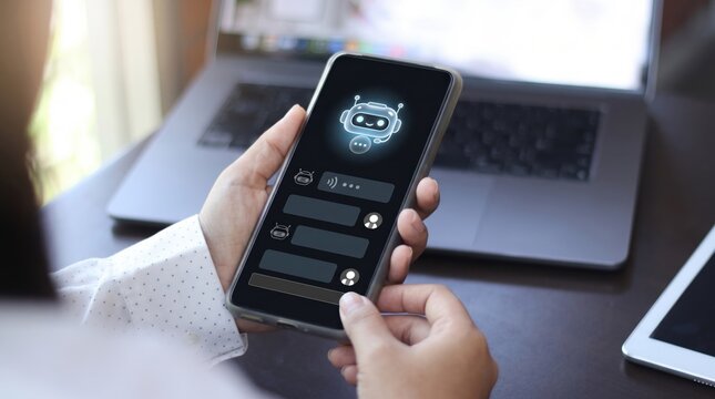 Woman holding smartphone with glowing robot icon, chatting with AI chatbot assistant, artificial intelligence customer support, digital communication technology interface
