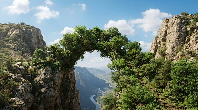 Natural Archway of Greenery A breathtaking natural rock formation frames a lush green archway adorned with vibrant trees and foliage overlooking a majestic river valley under a clear blue sky
