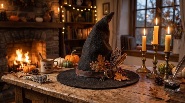 Mystical witch hat on rustic wooden table, cozy Halloween interior with fireplace and pumpkins, magical wizard aesthetic with burning candles and autumn leaves, dark academia seasonal decor