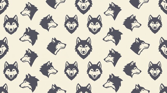 Vintage wolf head seamless pattern, retro husky dog face background, minimalist wild animal predator wallpaper, dark blue and cream wolf silhouette print for textile and wrapping paper