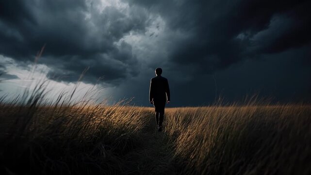 Silhouette Alone In Stormy Field At Dusk.