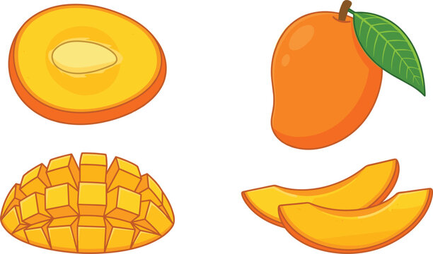 Fresh Ripe Mango Fruit Set with Whole Mango Slices Half Cut and Cubed Hedgehog Style Flat Vector Illustration