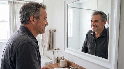 Fototapeta premium Mature man smiling at his reflection in a modern bathroom mirror during his morning routine.