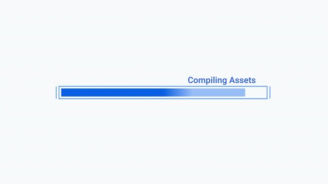 Flat vector animated asset compilation progress bar with loading indicator and status text. Ideal for software development, build systems, game engines, and technology motion graphics.