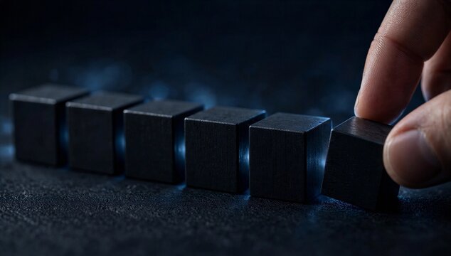 Hand pushing a domino row, symbolizing conformity, compliance and chain reaction in group behavior.