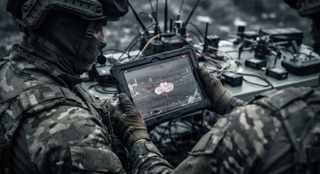 Military Drone Operators Using Rugged Tactical Tablet with Targeting Display