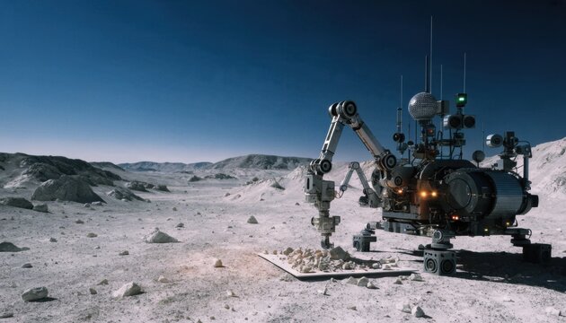 A robotic rover equipped with a mechanical arm collects rock samples on a barren, rocky extraterrestrial landscape under a clear sky.